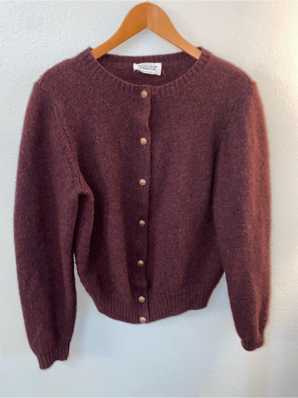 Vintage United Colors of Benetton Alpaca Wool Knit Cardigan Burgundy Crewneck M